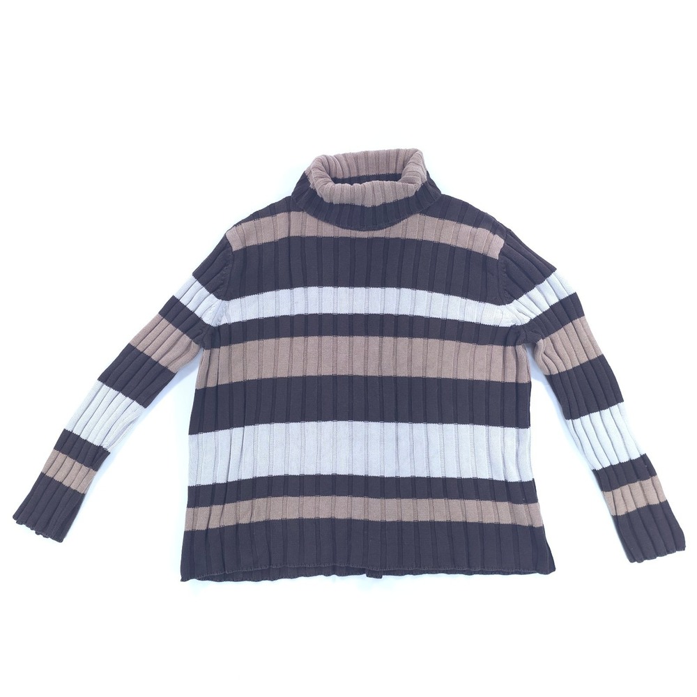 Jones New York Womens Sweater XL Brown Tan Striped Ribbed Turtleneck Cotton
